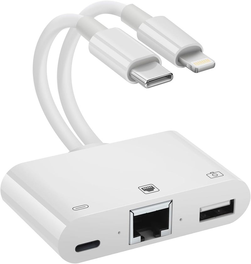 Giochem 2 in 1 Lightning and Type C to RJ45 Ethernet Adapter Network Adapter, with Charge Port and USB Port Support USB Flash Drive/Keyboard/Mouse/Came, Plug and Play,Supports 100Mbps Ethernet Network - Image 1